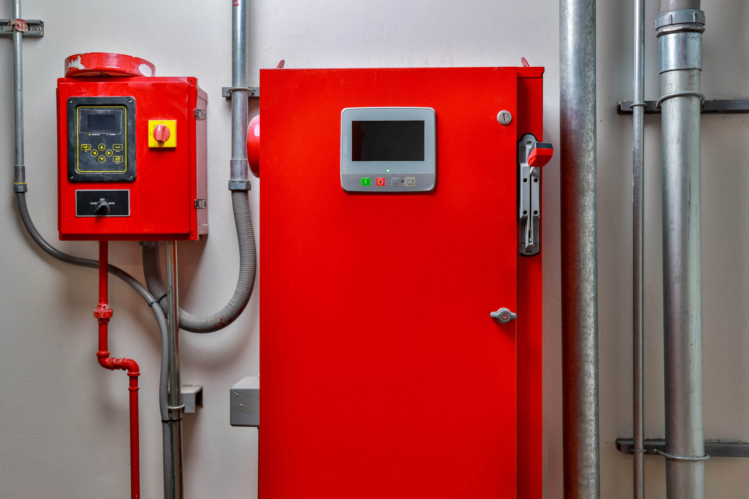 Fire alarm control panel for fire suppression system. Industrial fire control system. generator pump controller for water sprinkler piping and fire protection system.